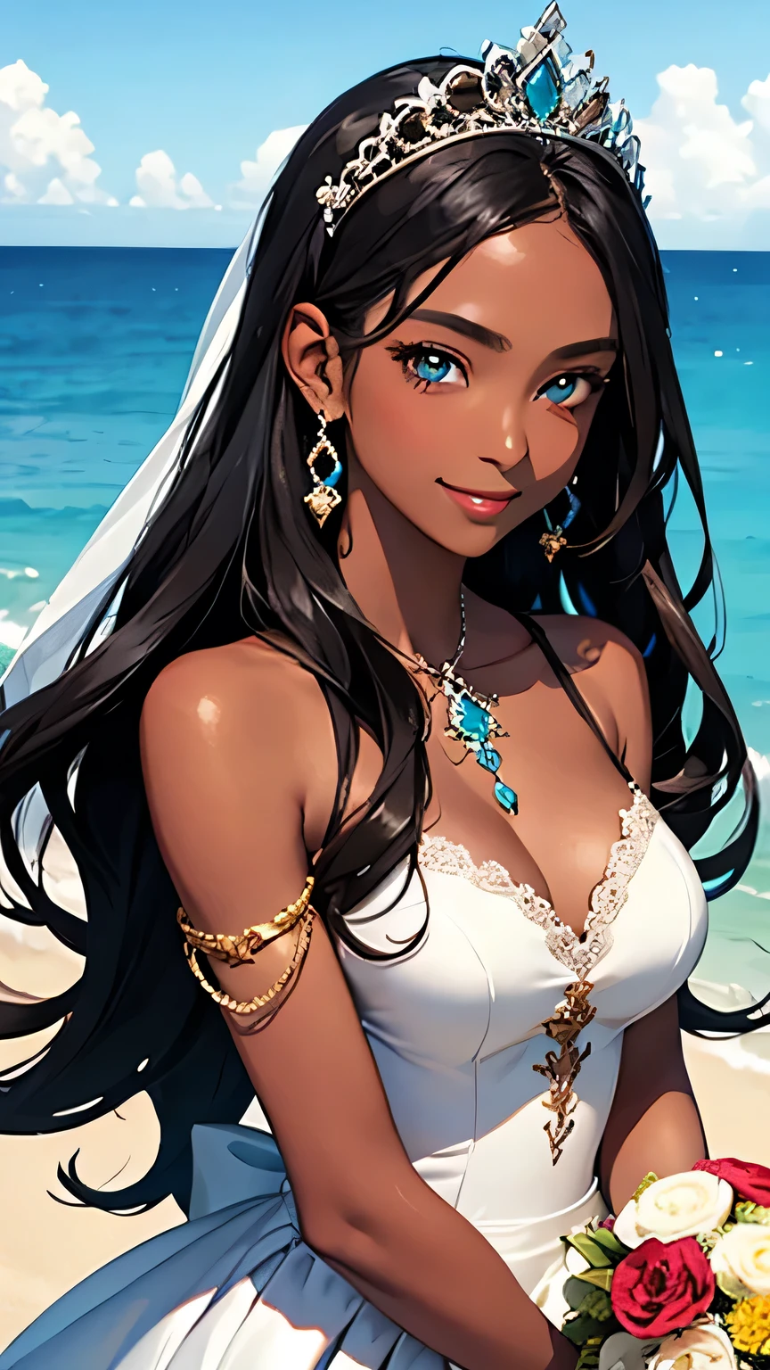 highest quality、Realistic、girl、zoom、Turquoise eyes、Long Hair、Wedding dress、tiara、Tanned black body、Brown black skin、slender、Large Breasts、Dark Skin、smile、Summer Sea、Bust Shot、