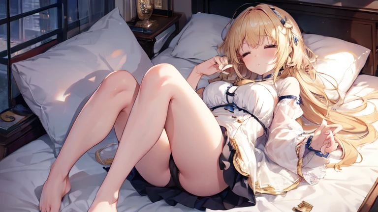 best quality，Super detailed，Perfect limbs，floor、mini skirt，pajamas，Bright，one person，blond，Sexy、Deep sleep、long hair、Stockings，Clothes with intricate details