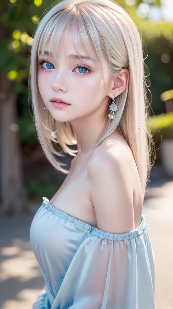 ((sfw: 1.4)), (( detailed face, cute face, detailed face, professional photography)), ((from side)), (( off-the-shoulder top)), (( Shiny platinum blonde silk hair, beautiful shiny bangs, big clear sky blue eyes, very beautiful bright eye highlights, earrings, 1 Girl)), Ultra High Resolution, (Realistic: 1.4), RAW Photo, Best Quality, (Photorealistic Stick), Focus, Soft Light, (()), (( (young face))), (surface), (depth of field), masterpiece, (realistic), woman, bangs, ((1 girl))