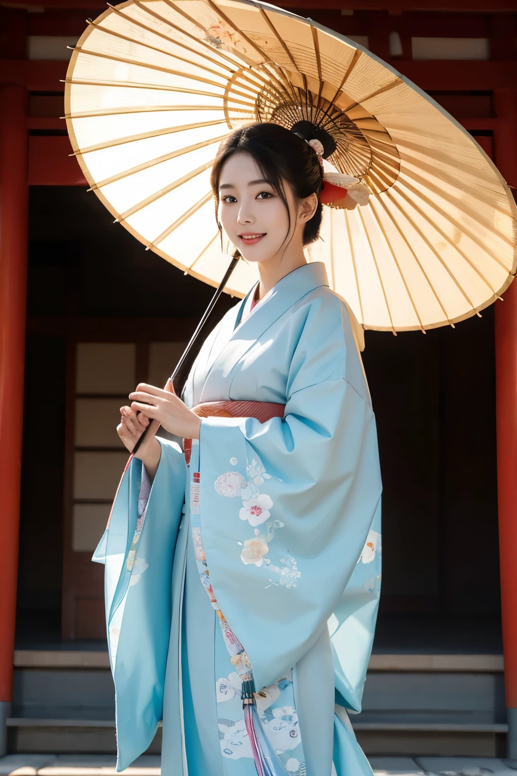 masterpiece, close up, full body a hyper-realistic masterpiece featuring a very beautiful, atractive smile, hyperdetaield face and all, elegant woman wearing traditional Japanese clothing. Hyperdetailed face, She holds a colorful umbrella and walks into a palace. The scene is inspired by ancient Japanese beauties and princesses, with a harmonious blend of traditional Japanese art. The image is of the highest quality, ultra-high definition (UHD), and captures the essence of Japan’s Emperor’s dynasty, UHD, best resolution, portrait, 28K.