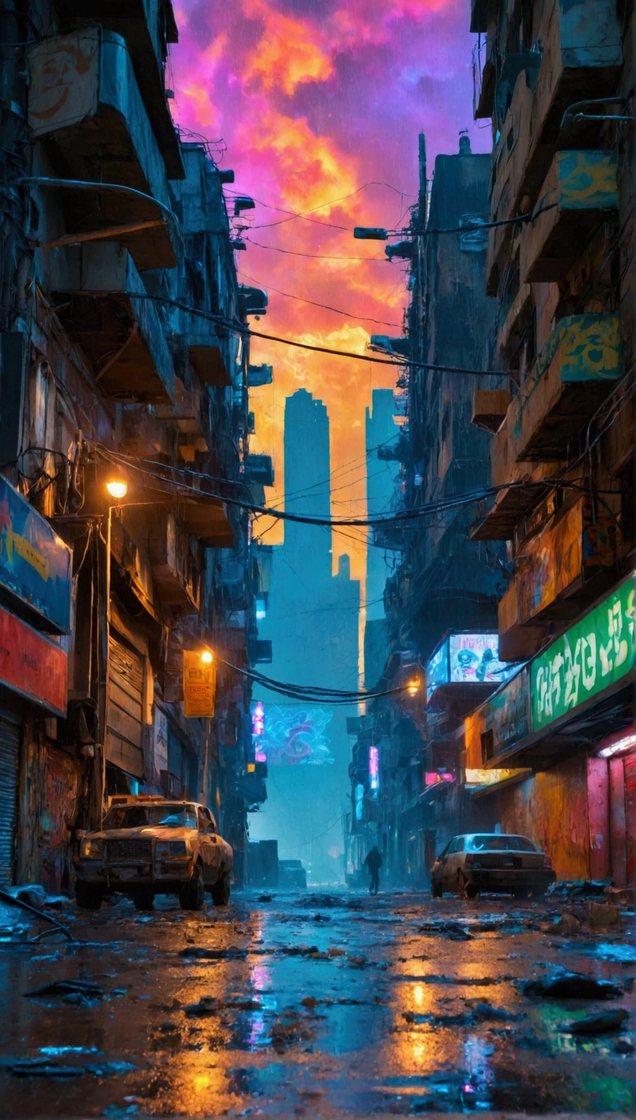 best quality,4k,8k,highres,masterpiece:1.2,ultra-detailed,realistic,photorealistic:1.37,impressive,post-apocalyptic,cyberpunk-style, city street,bustling,neon-lit,gritty,dystopian,high-rise buildings,hovering vehicles,futuristic architecture,dilapidated buildings,dark alleyways,heavy rain,pouring rain,flickering streetlights,glowing signs,holographic advertisements,reflective wet pavement,abandoned vehicles,smoke-filled atmosphere,city smog,cracked concrete,electrical wires hanging,piles of trash,rusty metal,graffiti-covered walls