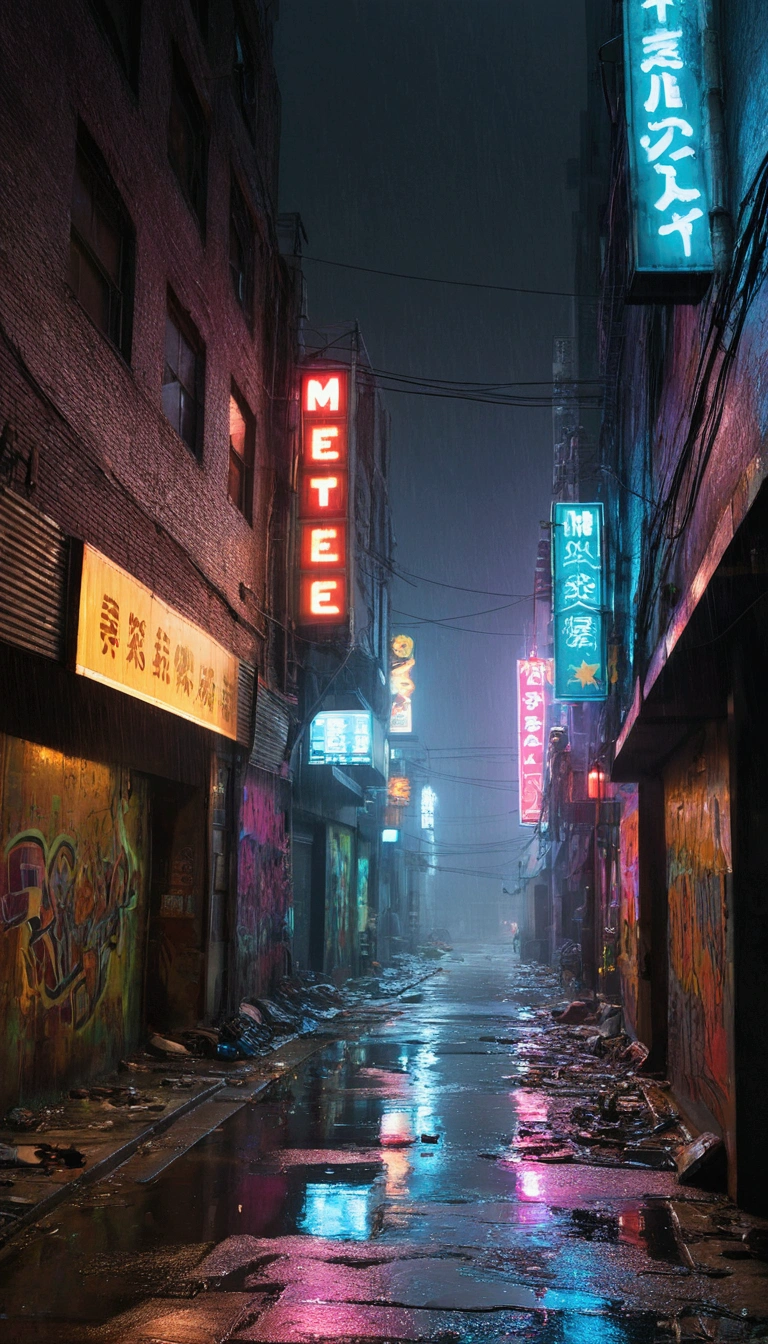 best quality,4k,8k,highres,masterpiece:1.2,ultra-detailed,realistic,photorealistic:1.37,impressive,post-apocalyptic,cyberpunk-style, city street,bustling,neon-lit,gritty,dystopian,high-rise buildings,hovering vehicles,futuristic architecture,dilapidated buildings,dark alleyways,heavy rain,pouring rain,flickering streetlights,glowing signs,holographic advertisements,reflective wet pavement,abandoned vehicles,smoke-filled atmosphere,city smog,cracked concrete,electrical wires hanging,piles of trash,rusty metal,graffiti-covered walls