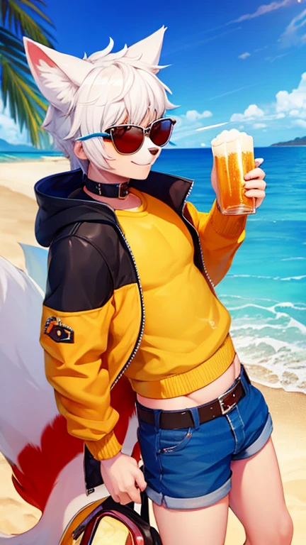 furry,ice fox,furry tail,boy,cute,on the beach,happy,sunglasses,jacket,drink beer,little fat,8k