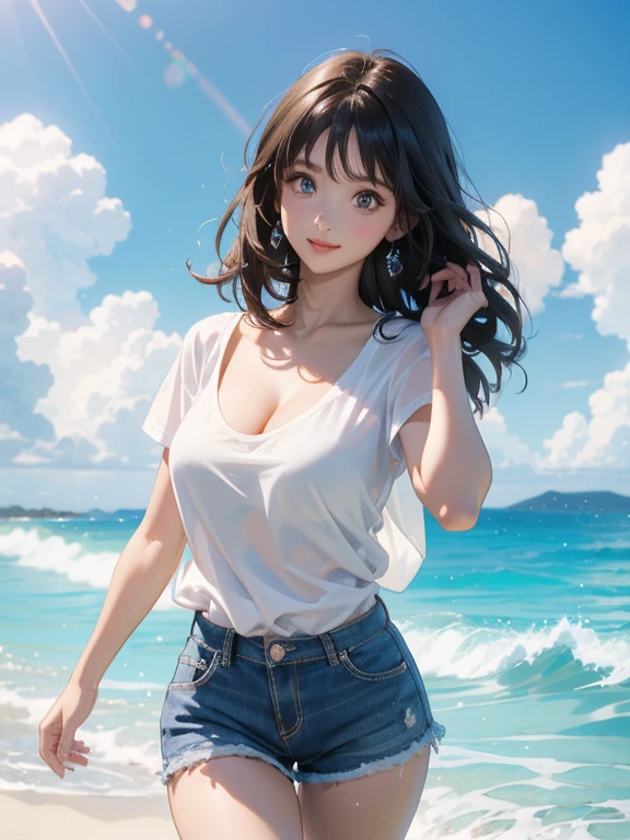(Highest quality、masterpiece、High resolution、8K)、Vibrant colors、Young and beautiful woman 1、whole body、Brown and black short bob、barefoot、(Detailed face、Beautiful Eyes、Beautiful nose、Pretty lips)、Beautiful cleavage、A woman wearing a white T-shirt and shorts、Running on the beach、Surprised Smile、looking at the camera、Official Art、The background is the sea、blue sky、White waves and wide sandy beach、Wide forest、White Entrance Cloud、