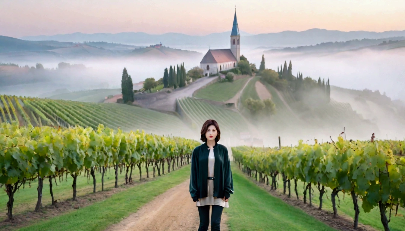 Woman in beautiful landscape 8K highest quality, Beautiful 36-year-old Korean woman, Chest size 34 inches, Passing through vineyards in the Swiss countryside, The cathedral is visible in the early morning fog., The back background is realistic and vivid quality., short medium hair, Casual and British - (summer jacket) ,Perfect and realistic photos, The background is realistic.. Full body shot with Canon camera 16-35 wide angle lens, expressionless, Walking down a vineyard hill covered in thick fog., Walking towards the front camera