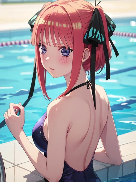best quality, insanely detailed, nino nakano, one piece swimsuit, breasts, blush, swimming pool, back style