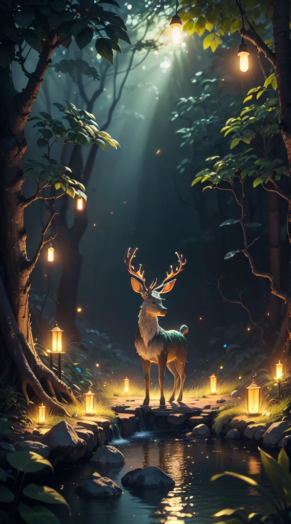 Masterpiece, Best quality, (Very detailed CG unity 8K wallpaper), (Best quality), (Best Illustration), (Best shadows), Glowing Elves, With the Golden Deer, in the pool Drinking water, Natural elements in the forest theme. Mysterious Forest, Beautiful forest, Nature, Surrounded by flowers, delicate leaves and branches surrounded by fireflies (nature elements), (Jungle theme), (Leaves), (tree branch), (glowworm), (particle fx) etc. 。.3D, Octane rendering, Ray tracing, Super detailed