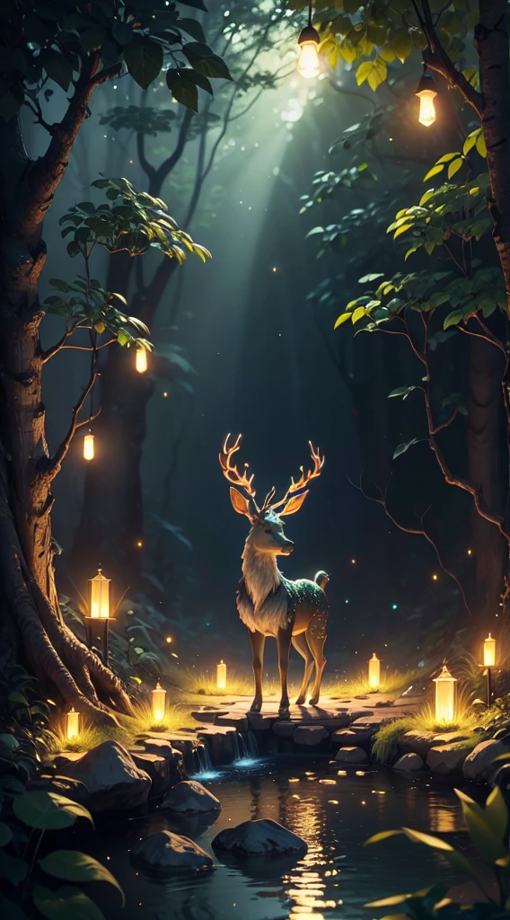 Masterpiece, Best quality, (Very detailed CG unity 8K wallpaper), (Best quality), (Best Illustration), (Best shadows), Glowing Elves, With the Golden Deer, in the pool Drinking water, Natural elements in the forest theme. Mysterious Forest, Beautiful forest, Nature, Surrounded by flowers, delicate leaves and branches surrounded by fireflies (nature elements), (Jungle theme), (Leaves), (tree branch), (glowworm), (particle fx) etc. 。.3D, Octane rendering, Ray tracing, Super detailed