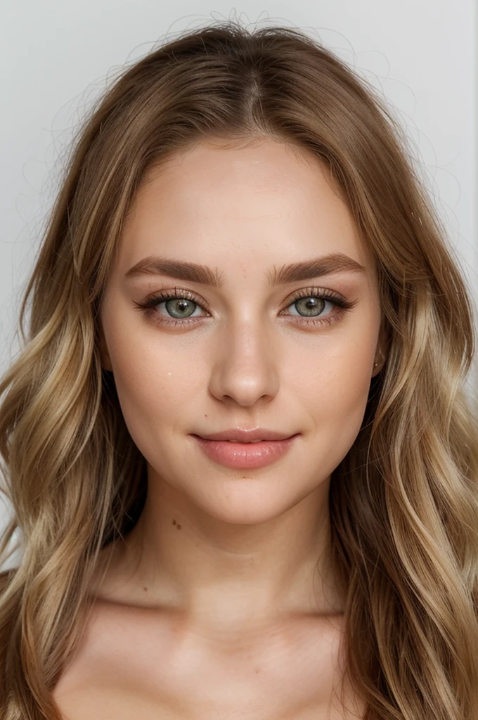 Beautiful woman,27 year old woman, Caucasian female, hair blonde, wavy hair, blonde eyebrows, hazel eyes, pretty detailed eyes, thick eyelashes, beautiful face, symmetrical face, fleshy lips, ssmile, high cheekbones, Kale,breasts small, small nipples, skin natural,complementary composition