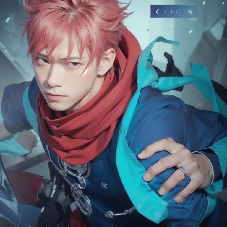 Handsome character with a red scarf and a blue ring, trigge artstyle, jujutsu kaisen realistic