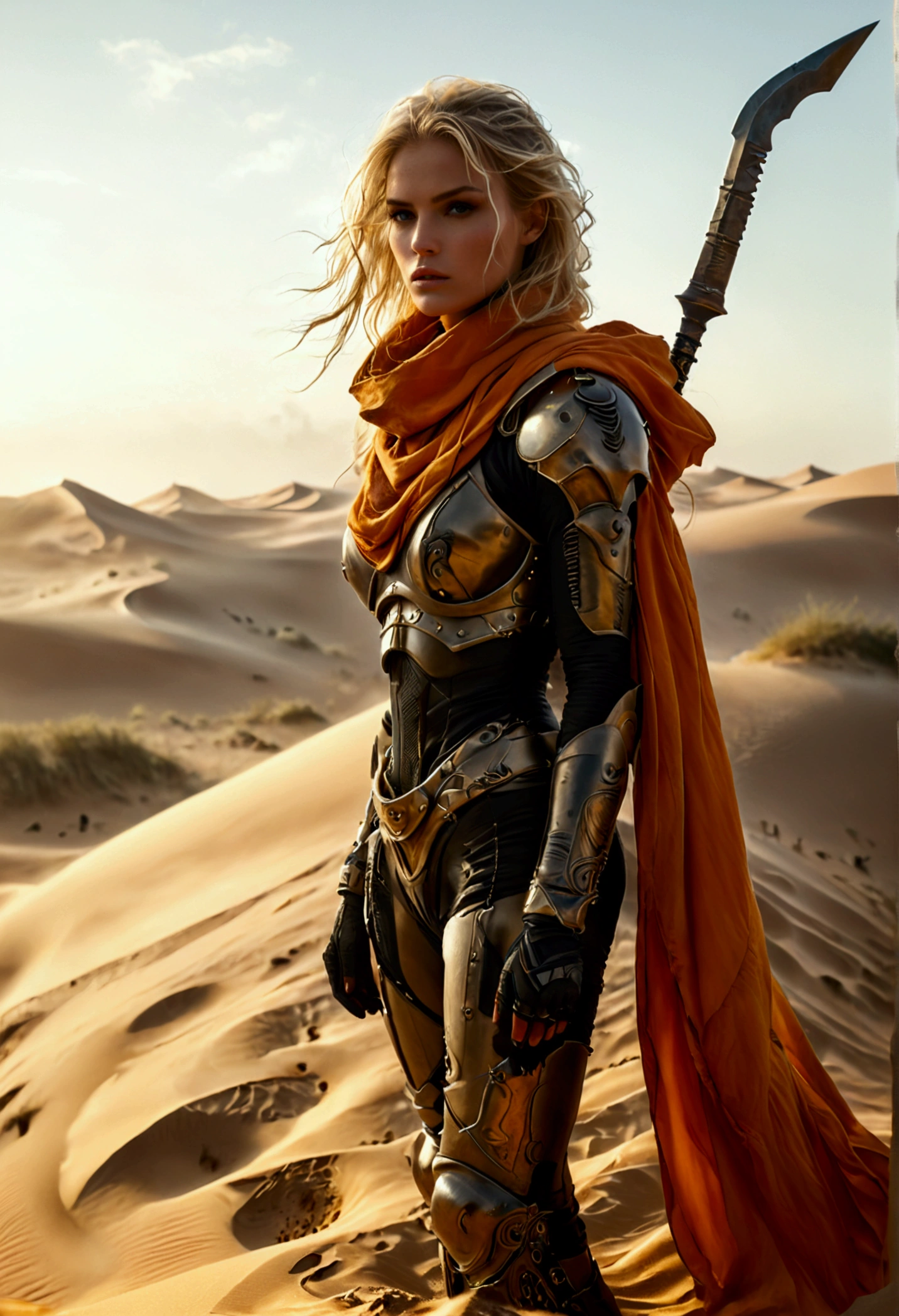 a beautiful woman with blonde hair wearing a sci-fi dune stillsuit, standing on top of a sand dune holding a dagger, 100s of tribal rebels watching her, cinematic lighting, hyper realistic, dramatic, intricate details, volumetric fog, warm color palette, epic scale, dramatic posing, chiaroscuro lighting, highly detailed, masterpiece, best quality, 8k