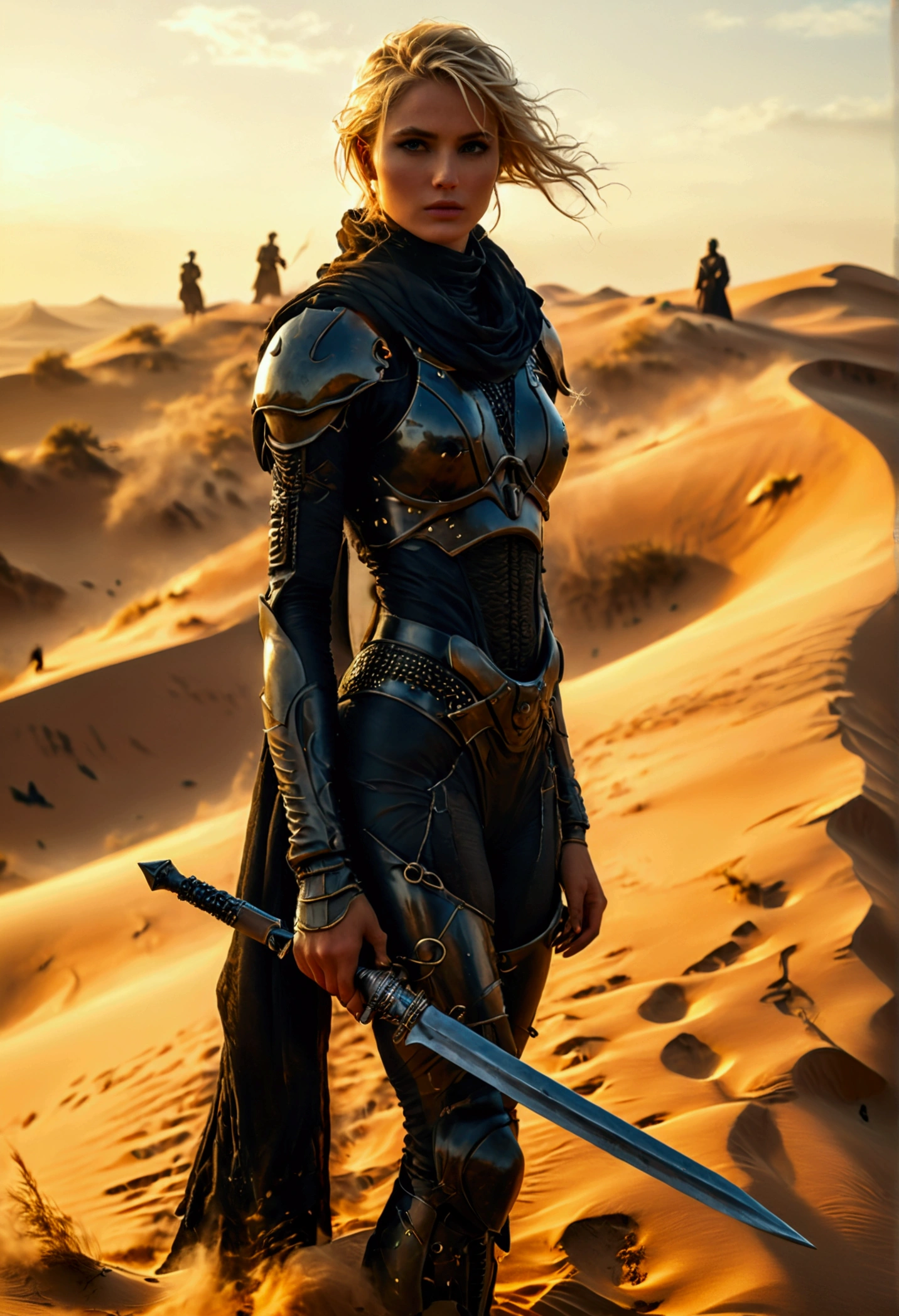 a beautiful woman with blonde hair wearing a sci-fi dune stillsuit, standing on top of a sand dune holding a dagger, 100s of tribal rebels watching her, cinematic lighting, hyper realistic, dramatic, intricate details, volumetric fog, warm color palette, epic scale, dramatic posing, chiaroscuro lighting, highly detailed, masterpiece, best quality, 8k