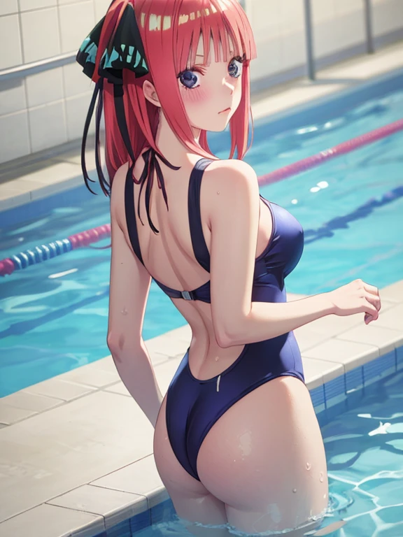 best quality, insanely detailed, nino nakano, one piece swimsuit, breasts, blush, swimming pool background, back style