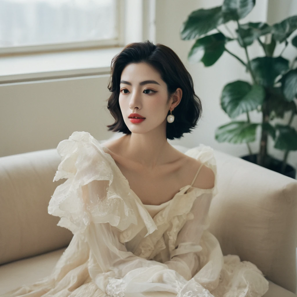 A candid photo of an eccentric artistic gorgeous young beautiful face Korean girls, still from the film, ((solo)), (Anne Hathaway look alike face: 0.9), in haute couture, posing in a white modern living room, black and brown pastel colors, Leica SL3, Summicron-SL 75 f/2 ASPH, kodak gold 200 film, dynamic action pose,