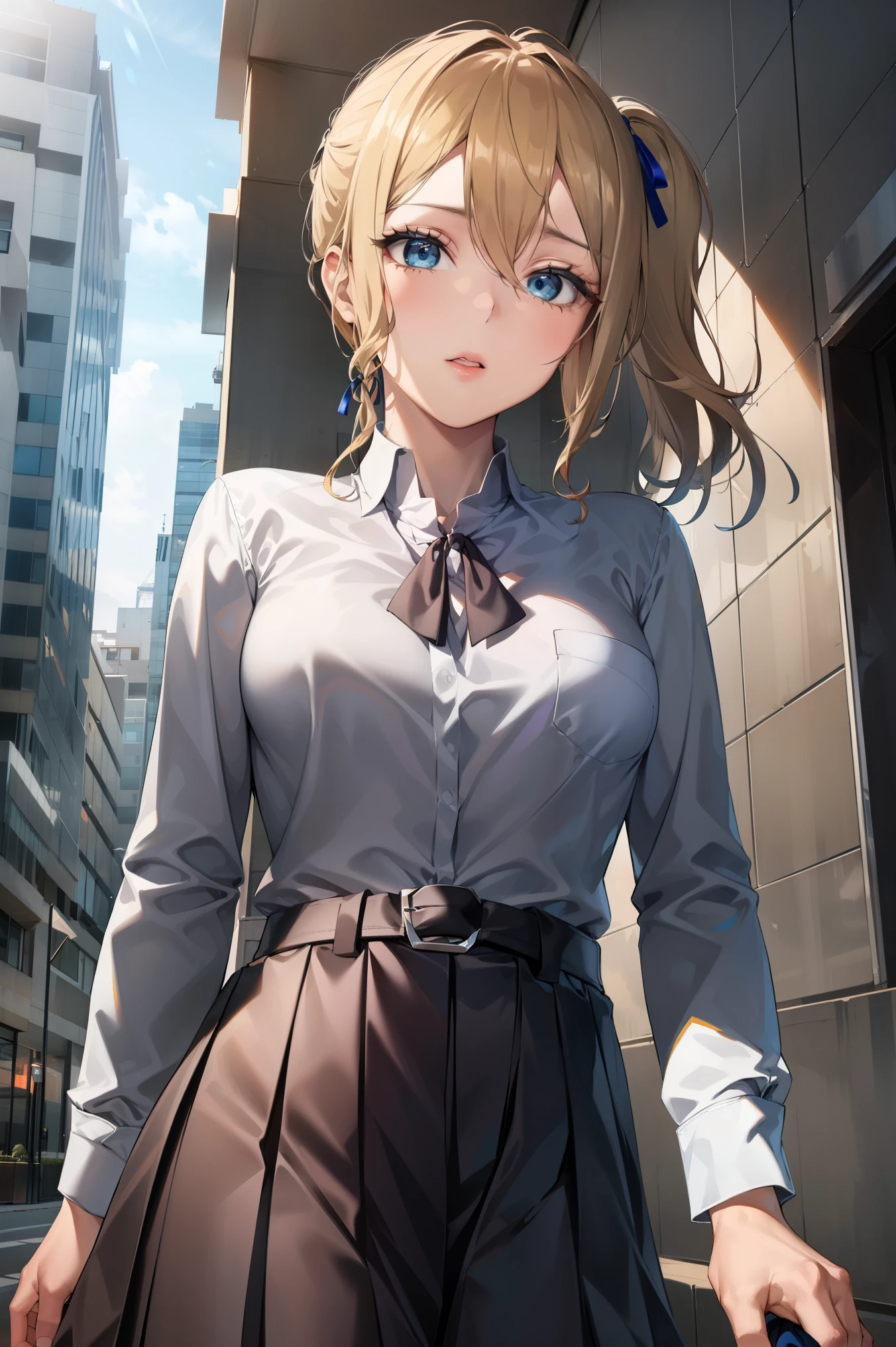 short ponytail,Short Hair,
BREAK ((shirt, long sleeves, dress, ribbon, white shirt, collared shirt, belt, neck ribbon, red dress, blue ribbon, pleated dress, grey dress:1.5))
BREAK view from below, morning city, street,
BREAK (masterpiece:1.2), best quality, high resolution, unity 8k wallpaper, (illustration:0.8), (beautiful detailed eyes:1.6), extremely detailed face, perfect lighting, extremely detailed CG, (perfect hands, perfect anatomy),