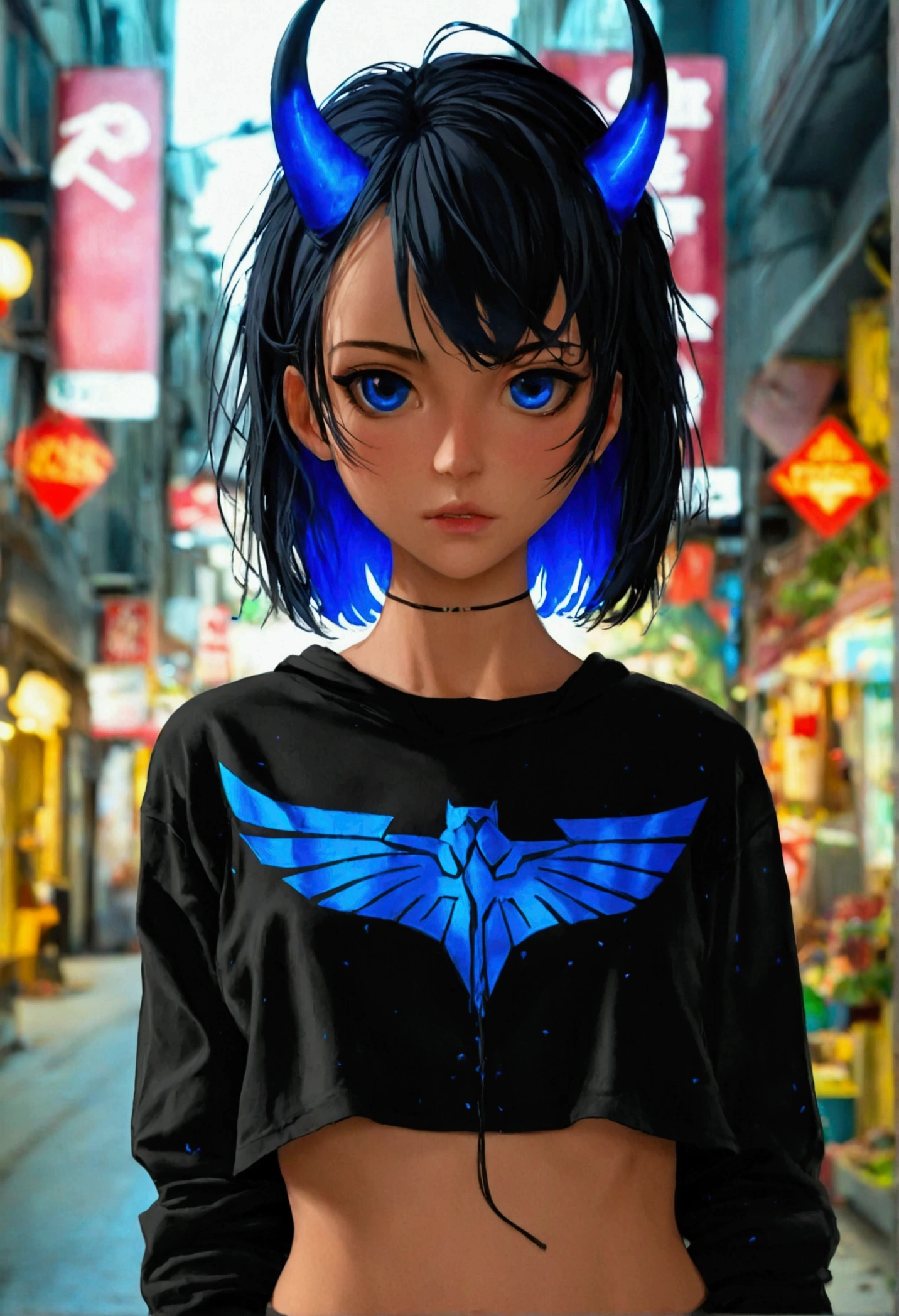 homen, stark, best qualityer, black cropped shirt, Los name in blue on the shirt, black hood with blue horn 