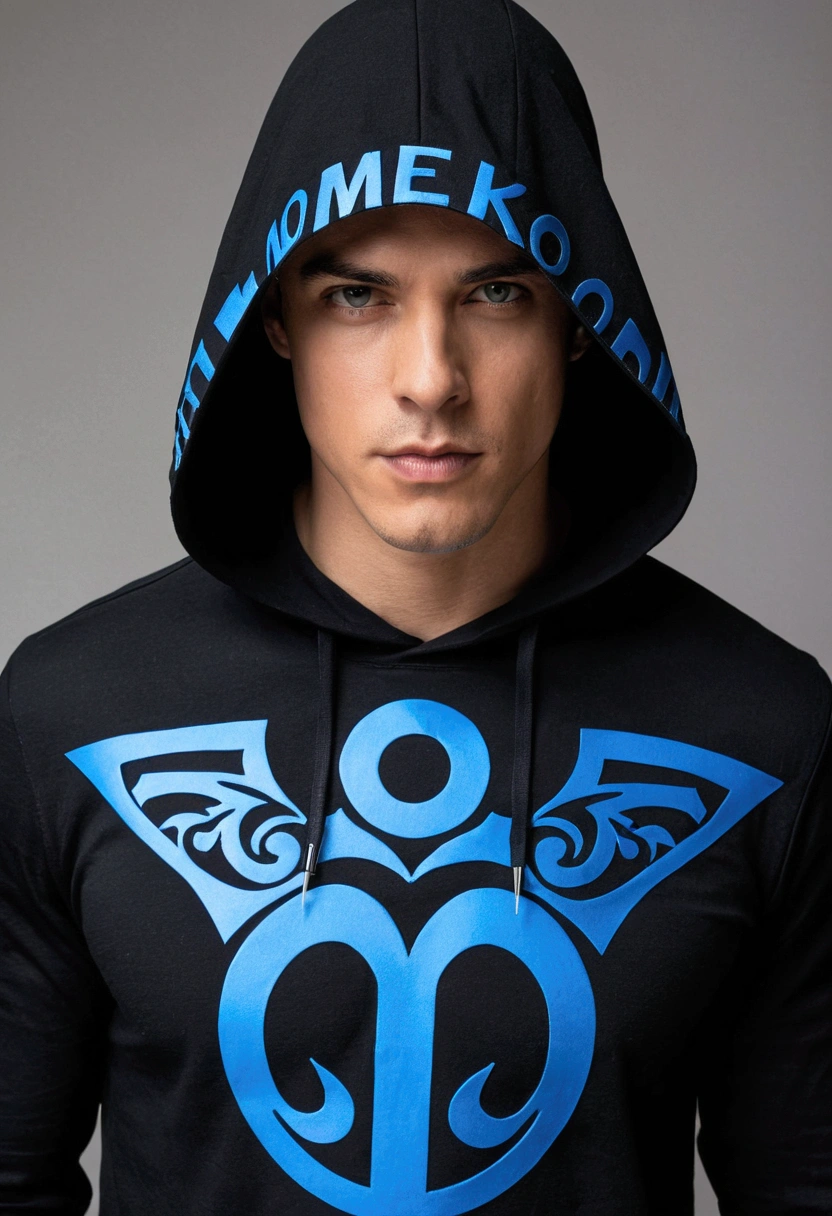 homen, stark, best qualityer, black cropped shirt, Los name in blue on the shirt, black hood with blue horn 