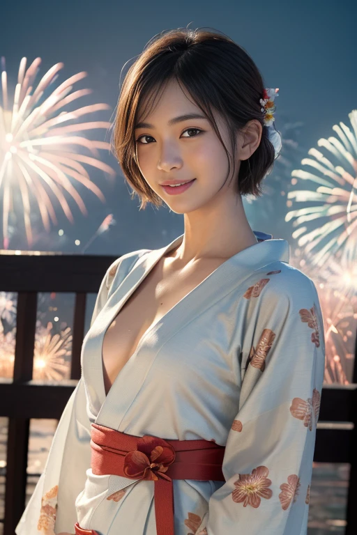 masterpiece, best quality, ultra quality, high quality, realistic, photo realistic, warm lighting,natural lighting,cinematic lighting,RAW photo, hyper detailed, intricate detailed, perfect anatomy, Fujifilm XT3,(cowboy shot),1 woman, Japanese beautiful woman,babyface,(brown very short Bobcut hairy over one eye,
((wearing flower patterned yukata, obi)),(small breasts:1.2),(slender body:1.2),sweaty, closed mouth, tan skin,sunburn tanline,smile,brown eyes,looking at viewer,(park),(night,((fireworks)), (medium shot),
