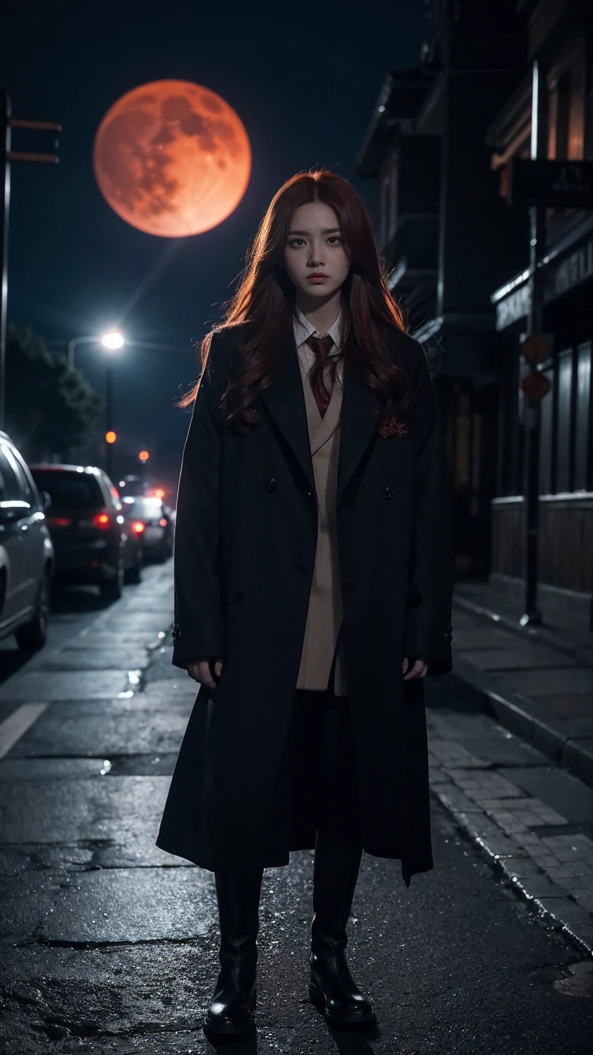 The scene symbolizes an epic moment of fighting the darkness and finding the light of hope. In the foreground is a young woman bravely standing her ground. He stands on a street corner in the darkness, a determined look on his face as he looks to the future.
The young woman has long red hair and wears a black coat and boots. Around her, the shadow of an evil demon stirs, and fear and despair swirl in the air.
The background depicts a city at night, dark and somber. Eerie shadows hover on street corners, and bells tolling with doom. In the distance, the end of the night, a whirlwind of despair, can be seen, and a maddened demon is about to awaken.
A red moon floats in the sky, accentuating the sense of dread and tension. Around them float souls consumed by darkness, and the atmosphere is one of sorrow and anger.