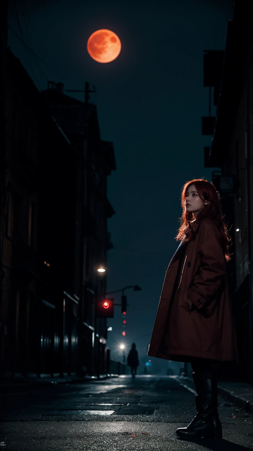 The scene symbolizes an epic moment of fighting the darkness and finding the light of hope. In the foreground is a young woman bravely standing her ground. He stands on a street corner in the darkness, a determined look on his face as he looks to the future.
The young woman has long red hair and wears a black coat and boots. Around her, the shadow of an evil demon stirs, and fear and despair swirl in the air.
The background depicts a city at night, dark and somber. Eerie shadows hover on street corners, and bells tolling with doom. In the distance, the end of the night, a whirlwind of despair, can be seen, and a maddened demon is about to awaken.
A red moon floats in the sky, accentuating the sense of dread and tension. Around them float souls consumed by darkness, and the atmosphere is one of sorrow and anger.