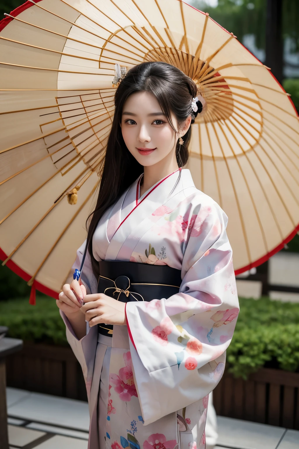masterpiece, close up, full body a hyper-realistic masterpiece featuring a very beautiful, atractive smile, hyperdetaield eyes, face and all, elegant woman wearing traditional Japanese clothing. Hyperdetailed face, She holds a colorful umbrella and walks into a palace. The scene is inspired by ancient Japanese beauties and princesses, with a harmonious blend of traditional Japanese art. The image is of the highest quality, ultra-high definition (UHD), and captures the essence of Japan’s Emperor’s dynasty, UHD, best resolution, portrait, 28K.