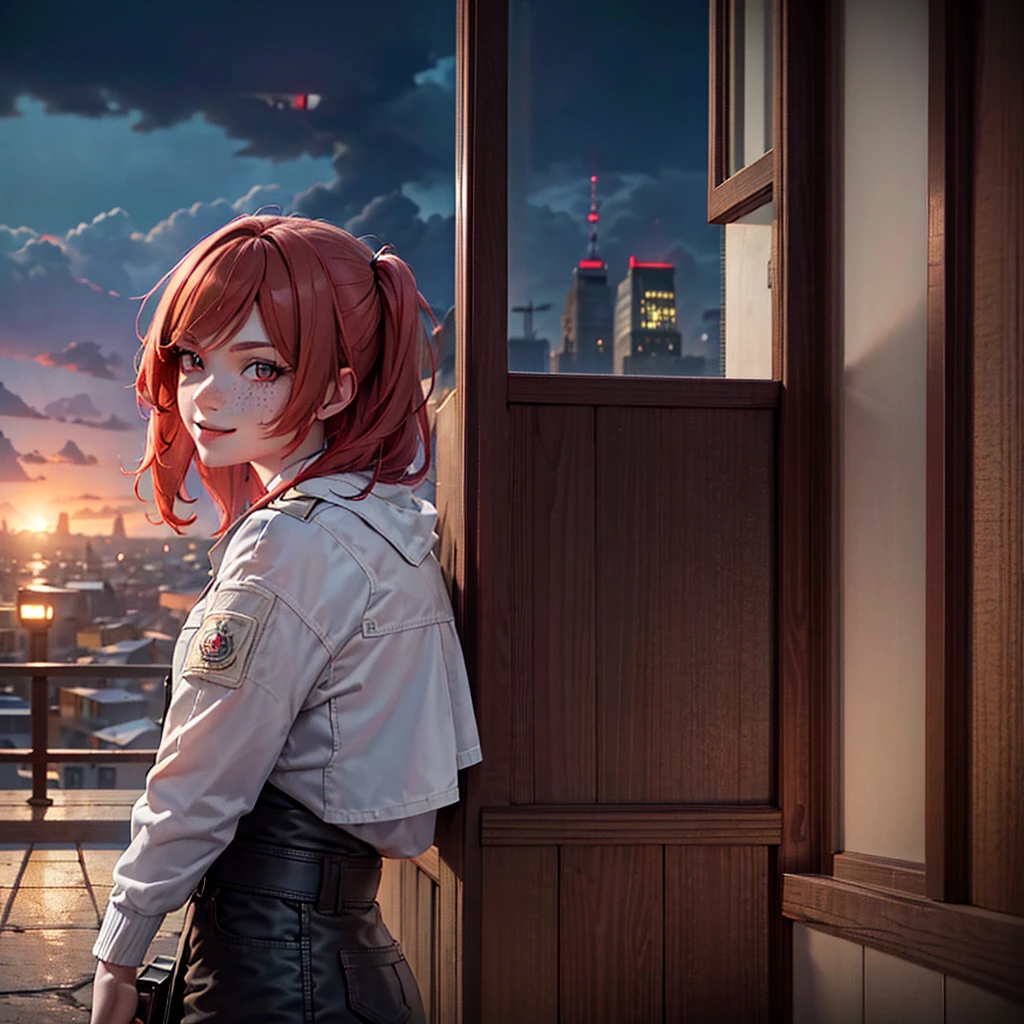 A girl with red hair, Lolita hairstyle, freckles on her face, pale skin, smiling, in a stormy city, wearing soldier's clothing, with a moon in the background, high-quality 4K image, (((pechos grandes))), trasero grande