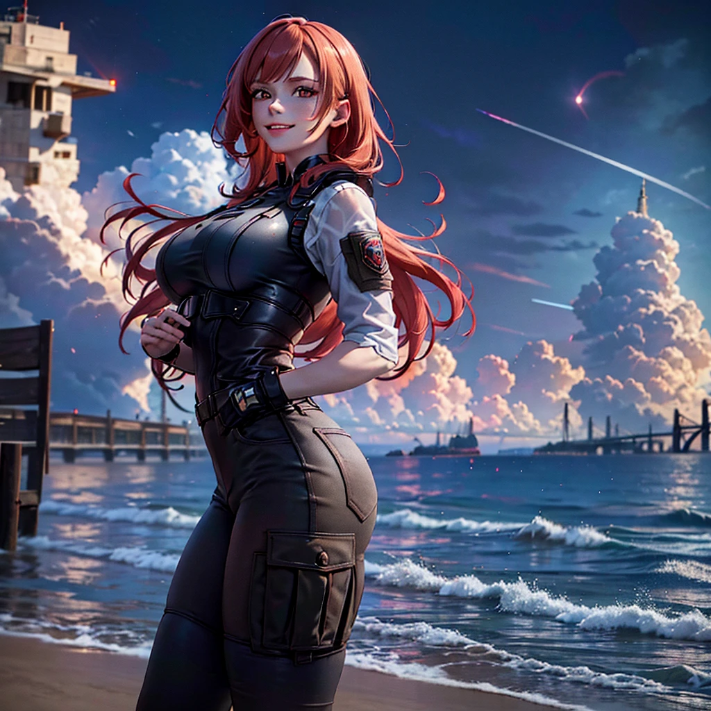 A girl with red hair, Lolita hairstyle, freckles on her face, pale skin, smiling, in a stormy city, wearing soldier's clothing, with a moon in the background, high-quality 4K image, (((pechos grandes))), trasero grande