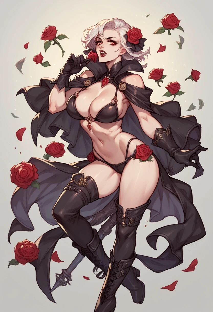 Vampire, fantasy race, large breasts (G size), little clothes, bikini, nobility, red and black, roses, boots, gloves