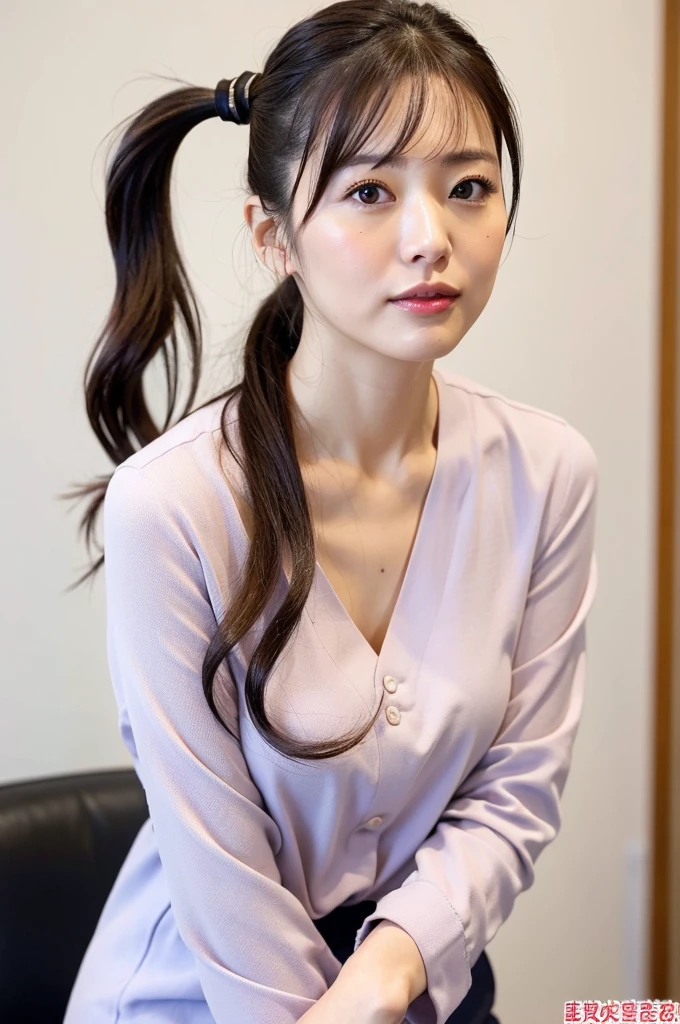 Mature Japanese,ponytail,Office Clothes,Age 35,Erotic style,So cute,whole body,Perfect face with soft skin,Gorgeous long brown hair,8K resolution,Ultra-realistic,Super detailed,high quality,Erotic beautiful Japanese woman in fashionable clothes,(Look at the viewers)