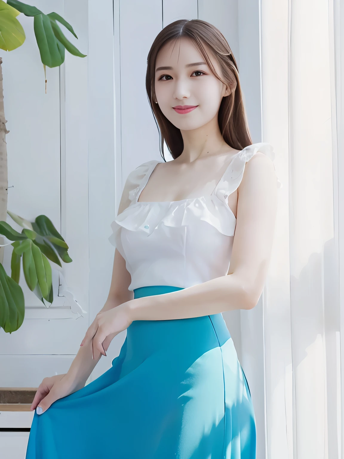 1woman, smiling,smart shaped face, crystal clear white skin,portrait, slender, ((wearing a blue-sky sweeter and long skirt))