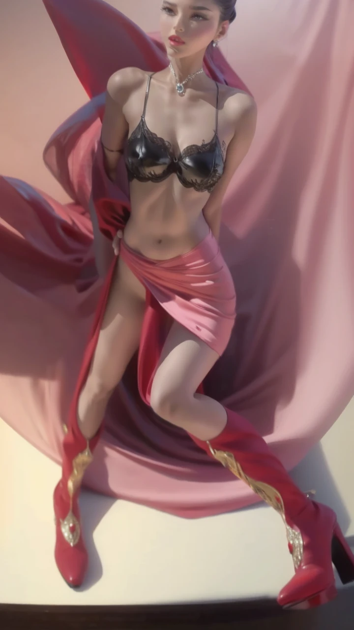 a gorgeous woman with sakimichan style body, very detailed high heels, long beautiful legs, flawless skin, beautiful detailed eyes, beautiful detailed lips, extremely detailed face, longeyelashes, graceful pose, high contrast lighting, (best quality,4k,8k,highres,masterpiece:1.2),ultra-detailed,(realistic,photorealistic,photo-realistic:1.37),HDR,studio lighting,professional,vivid colors,bokeh