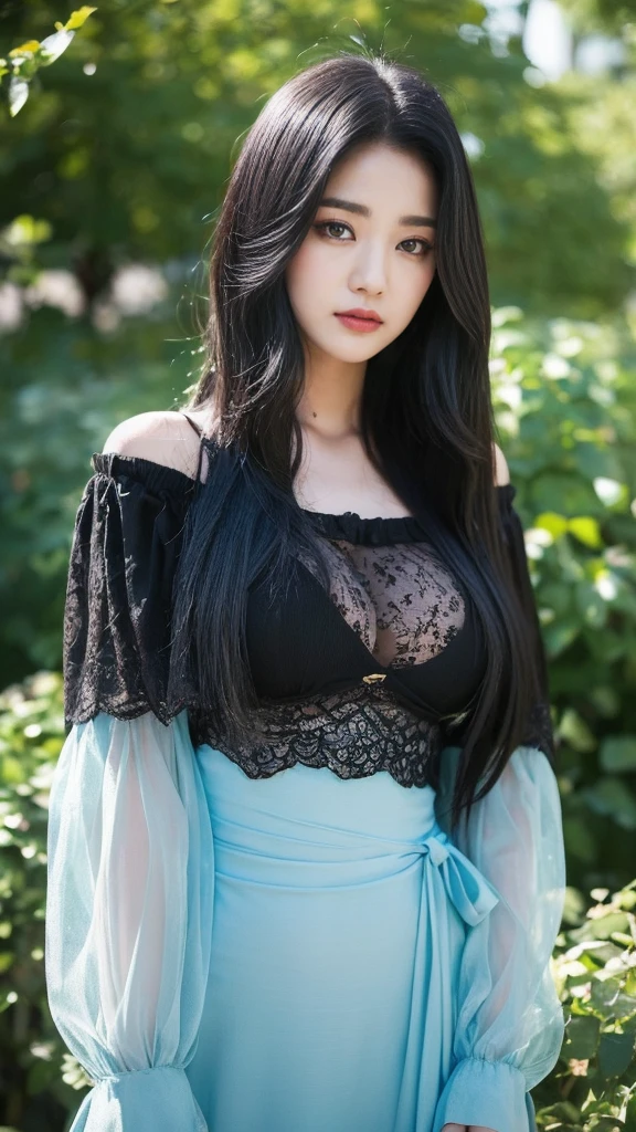 ((best quality, 8k, Masterpiece: 1.3)), 1 girl, Beautiful figure, slim stomach.: 1.3, (long black hairstyle,messy hair, big breasts: 1.4), Kawaii style , Blue off shoulder dress,bright eyes, Happy face, There is a see-through cloak., Off-the-shoulder shirt, Show off your abdominal muscles , Very smooth face, Sexy posted, delicate eyes, Double eyelids,on the rose Garden,Raise your hair,sleepy eyes,moon Gothic suit ,bokeh