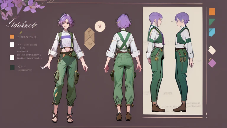 (Masterpiece, best quality), detailed, 1 gardener woman, ((character concept art)), ((character design sheet, reference sheet, same character, front, side, back)), full body, body complete, 1 gardener female, 1 gardener women. Character design sheet full body, Highly detailed, character sheet, character design, Many parts, pale skin, green eyes, short purple hair, male hairstyle, short male hair, lavender flower, lavender flower reference, lavender flower character reference, lavender flower inspired, flat chest, pants, Ecofashion, Ecopunk, Ecology, Earthy clothing, gardening clothing, gardening, garden, Solarpunk, Solarpunk reference, Solarpunk inspired, simple outfit, simple clothes, pants, gold details, pastel purple, green and brown color palette for the clothes.