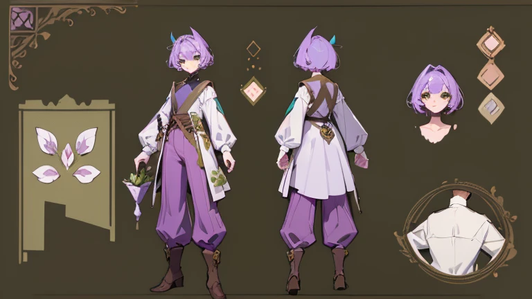 (Masterpiece, best quality), detailed, 1 gardener woman, ((character concept art)), ((character design sheet, reference sheet, same character, front, side, back)), full body, body complete, 1 gardener female, 1 gardener women. Character design sheet full body, Highly detailed, character sheet, character design, Many parts, pale skin, green eyes, short purple hair, male hairstyle, short male hair, lavender flower, lavender flower reference, lavender flower character reference, lavender flower inspired, flat chest, pants, Ecofashion, Ecopunk, Ecology, Earthy clothing, gardening clothing, gardening, garden, Solarpunk, Solarpunk reference, Solarpunk inspired, simple outfit, simple clothes, pants, gold details, pastel purple, green and brown color palette for the clothes.