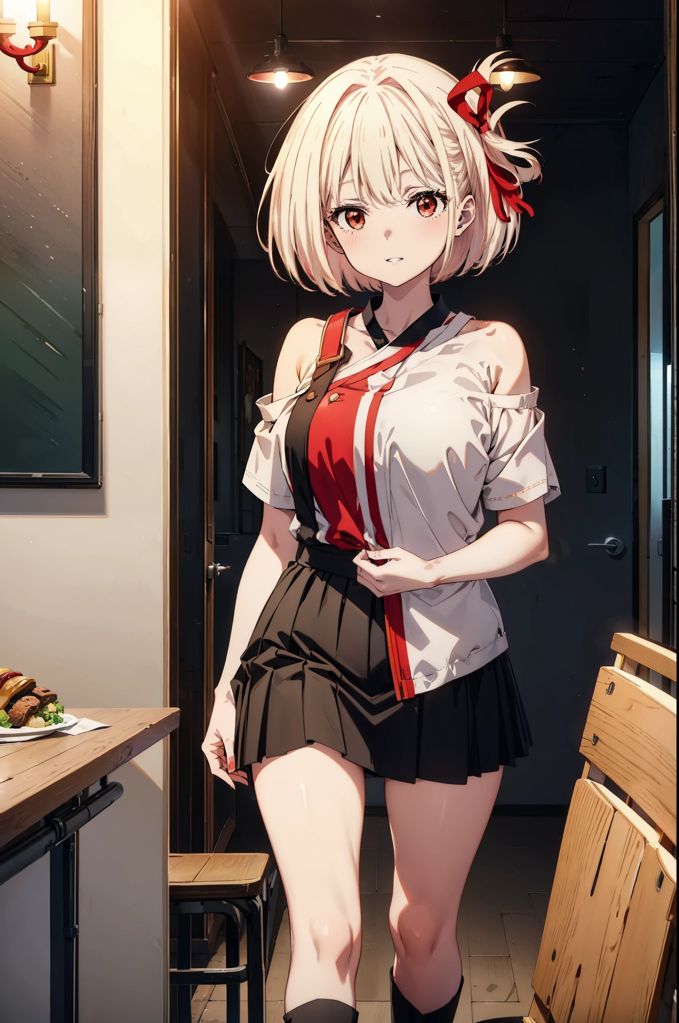 Chisato Nishikigi, short hair, bangs, Blonde, (Red eyes:1.5), hair ribbon, One side up, Bobcut,happy smile, smile, Open your mouth,One-shoulder shirt,mini skirt,black tights,short boots,There is food on the table,トレイ in one hand,Chair,Walking,whole bodyがイラストに入るように,
break indoors,School,canteen,
break looking at viewer, whole body,
break (masterpiece:1.2), Highest quality, High resolution, unity 8k wallpaper, (figure:0.8), (Beautiful attention to detail:1.6), Highly detailed face, Perfect lighting, Highly detailed CG, (Perfect hands, Perfect Anatomy),