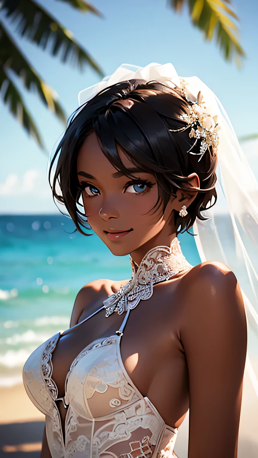 highest quality、Realistic、girl、zoom、Turquoise eyes、short hair、Wedding dress、Bridal Lingerie、Tanned black body、Brown black skin、slender、Dark Skin、smile、Summer Sea、Bust Shot、