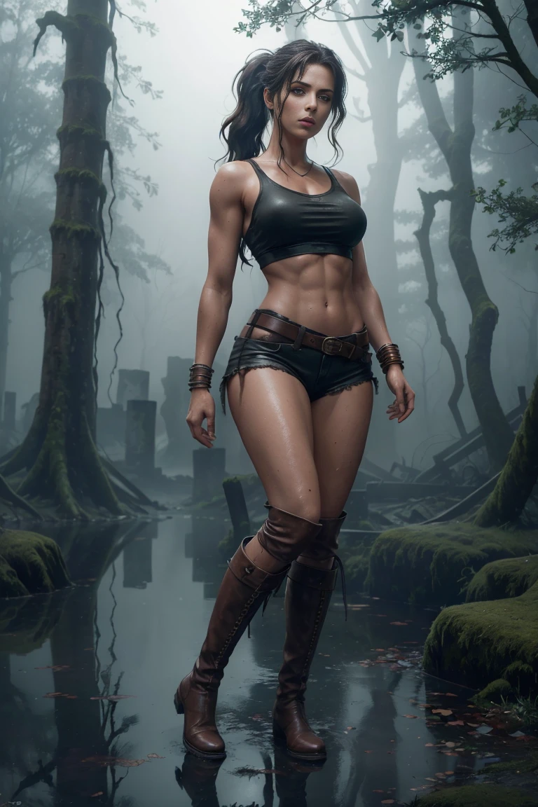 full body sexy beauty sensual archaeologist, long brown ponytail, piercing half-closed eyes, large breast, thin waist, broad shoulders, muscular arms, long shapely thighs, thin waist, long shaped thighs large breast, short leather shorts, filter sleeveless torn t-shirt deep leather boots in among the ruins of a forgotten ancient Egyptian city, (Realistic,photoRealistic, photo-Realistic:1.37),Horror, dark and gloomy atmosphere with dramatic lighting, Vivid colors, Foggy surroundings, the trees, covered with moss, detailed facial expression, long wavy hair floats in the water, Reflections on the surface of the water, Eerie fog