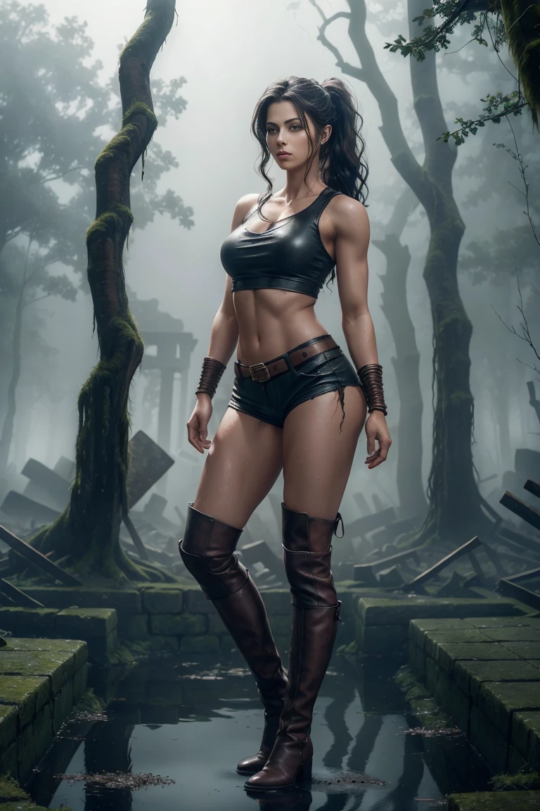 full body sexy beauty sensual archaeologist, long brown ponytail, piercing half-closed eyes, large breast, thin waist, broad shoulders, muscular arms, long shapely thighs, thin waist, long shaped thighs large breast, short leather shorts, filter sleeveless torn t-shirt deep leather boots in among the ruins of a forgotten ancient Egyptian city, (Realistic,photoRealistic, photo-Realistic:1.37),Horror, dark and gloomy atmosphere with dramatic lighting, Vivid colors, Foggy surroundings, the trees, covered with moss, detailed facial expression, long wavy hair floats in the water, Reflections on the surface of the water, Eerie fog