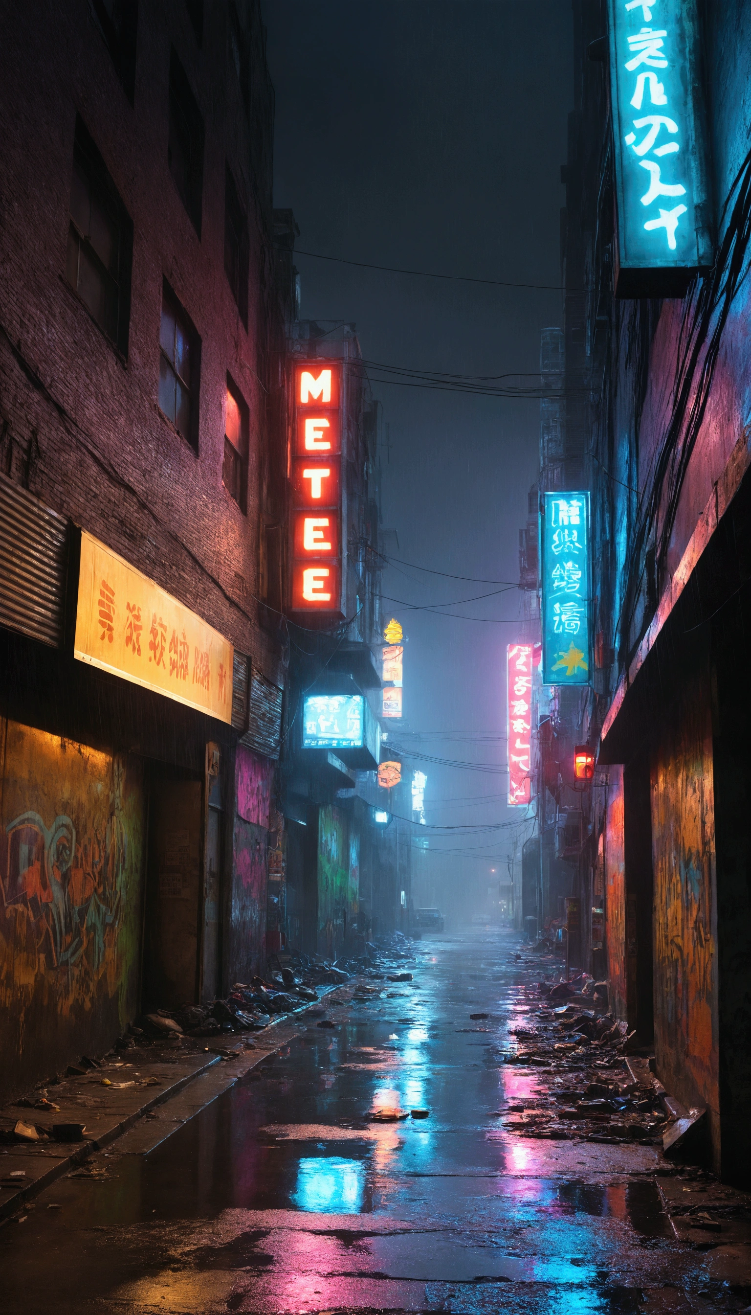 best quality,4k,8k,highres,masterpiece:1.2,ultra-detailed,realistic,photorealistic:1.37,impressive,post-apocalyptic,cyberpunk-style, city street,bustling,neon-lit,gritty,dystopian,high-rise buildings,hovering vehicles,futuristic architecture,dilapidated buildings,dark alleyways,heavy rain,pouring rain,flickering streetlights,glowing signs,holographic advertisements,reflective wet pavement,abandoned vehicles,smoke-filled atmosphere,city smog,cracked concrete,electrical wires hanging,piles of trash,rusty metal,graffiti-covered walls
