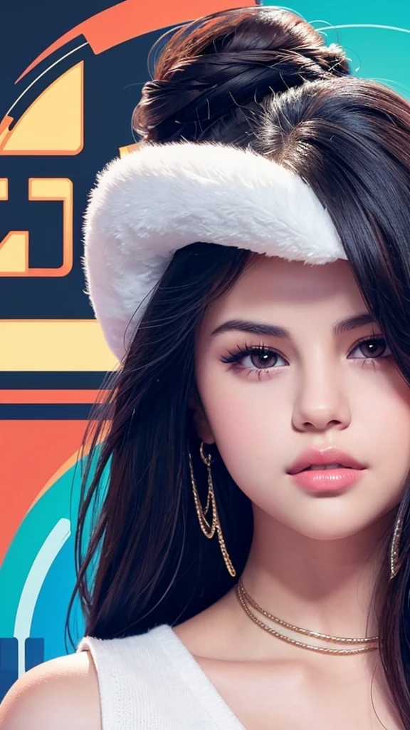 Create a detailed graphic-style illustration of Selena Gomez with a trendy and modern look. The illustration should have a plain white background and be highly accurate to her real facial features. Emphasize her signature traits, such as her eyes, lips, and hair. Ensure the illustration has clean lines, vibrant colors, and a contemporary aesthetic. The overall style should be visually appealing and reflect current trends while staying true to Selena Gomez’s actual appearance.