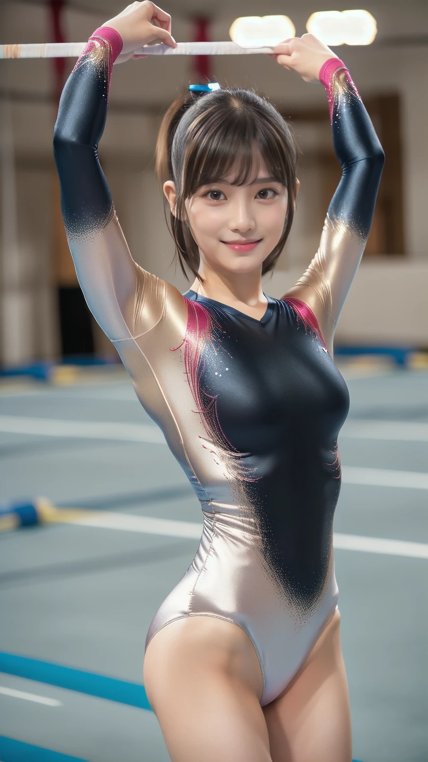 ((indoor, 新Gymnastics Venue, Gymnastics Venue:1.3)), ((Highly detailed skin), Beautiful realistic face, White skin, Pointed Chest, Small nipples, Perfect Anatomy, Realistic eyes, Natural Eyes, Brown eyes, Accurate eye focus, Accurate limbs), (Hyper Realist, Ultra-realistic, 4K, Attention to detail, Ultra-high resolution, Highest quality, masterpiece, Presence, dynamic, Uplifting, bold, Sharpness), (Thinning hair:2), (Soft Hair:2), (Straight hair:1.5), Long, slicked bangs, Light copper amber hair, Hair on one eye, (Twin tail hair), (Female gymnast, Detailed costume, She wore a tight-fitting long-sleeved leotard.:1.5), Shiny long sleeve leotard, Metallic colors長袖レオタード, Racing long sleeve leotard, ((High leg long sleeve leotard, Long sleeve leotard with crystal embellishment)), ({Metallic red color| Metallic purple color| Metallic white color| Metallic navy color| Metallic pink color| Metallic gold color| Metallic silver color| Metallic black color| Metallic colors}Long sleeve leotard colors), (Big Breasts:1.5), Tall, Elongated arms and legs, Small waist, Small hips, The long-sleeved leotard is digging into her butt, With legs spread, barefoot, Full body portrait, Photograph the whole body, looking at the camera, Looking into the camera, smile, (Underhair does not grow),