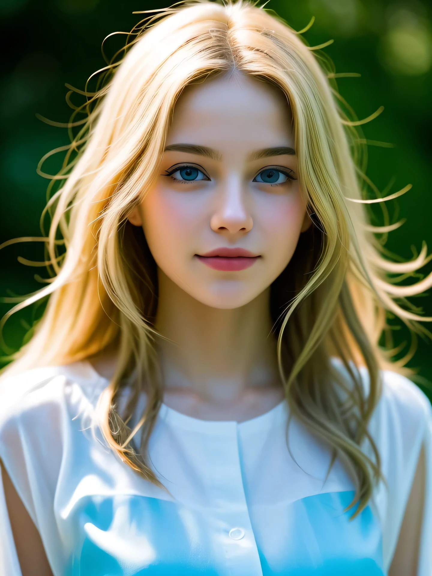 (Photo Real:1.4), (hyper realisitic:1.4), (Smooth lighting:1.05), 1 girl, teenager, blue eyes, happy, shy, smile, (looking away:1.2), Close-up of the face, Soft lighting, Back lighting, (Finest Real Textured Skins), Super fine face, glowy skin, retinas, Anatomically correct, (Blonde Wavy medium hair:1.1), Textured skin, High quality, high details, Best Quality, High resolution, Silk blouse