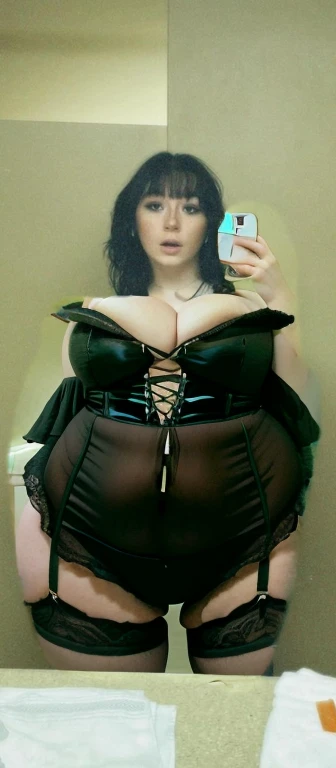 arafed woman taking a selfie in a mirror with a cell phone, with pale skin, she looks like a mix of grimes, goth girl aesthetic, 1 7 - year - old goth girl, looks like a mix of grimes, goth aesthetic, pale goth beauty, looks a blend of grimes, very very very pale white skin, resembling a mix of grimes, Big tits, huge , no clothes, sexy, cute, wide hips, thick thighs, pear-shaped body, minimal clothes, thick, bbw, chubby stomach, thick nipples, nipple piercings, large areola, hard nipples, piercing through shirt, nipples hard through shirt, busty, major cleavage, naked, ripping through top, spilling over sides, bra too tight, giant , dominatrix, dominatrix clothes, revealing clothes, ass so fat you can see it from the front