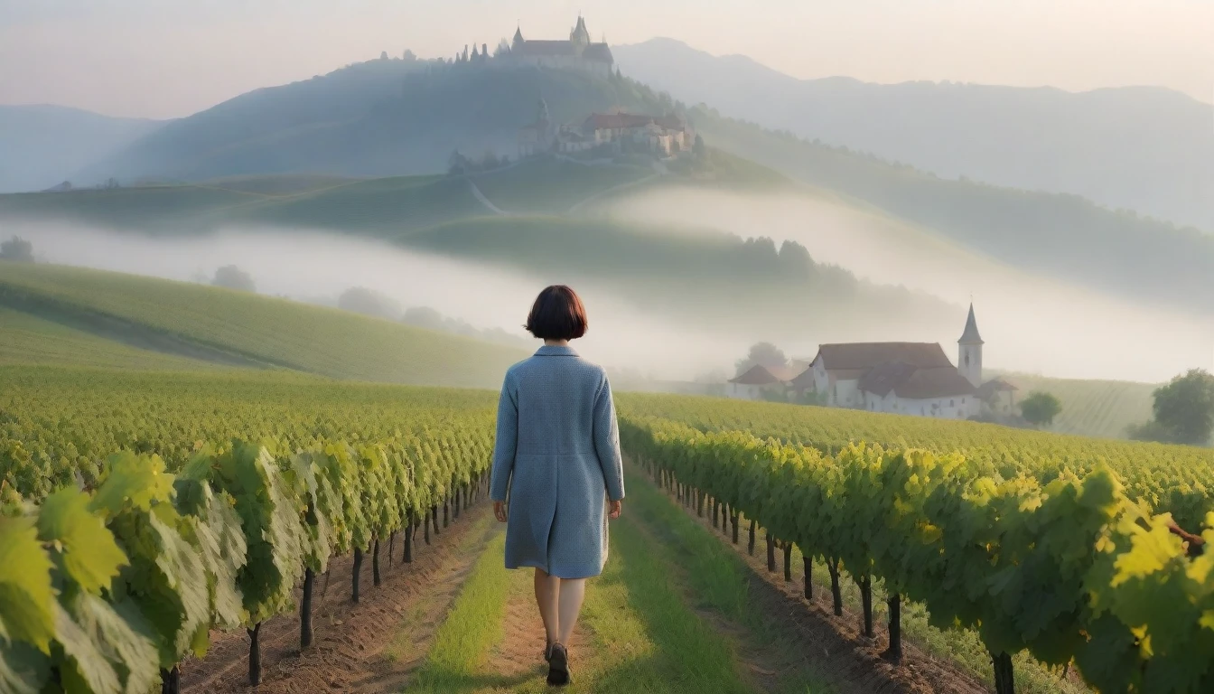 Woman in a beautiful landscape 8K highest quality, Beautiful 36-year-old Korean woman, Chest size 34 inches, Passing through the vineyards in the Swiss countryside, the cathedral is visible through the early morning fog., The back background is realistic and vivid image quality, short medium hair, Casual and British - (summer jacket) ,Perfect and realistic photos, The background is realistic. Full body shot with Canon camera 16-35 wide angle lens, expressionless, Walking up a vineyard hill covered in thick fog., Walking towards the front camera