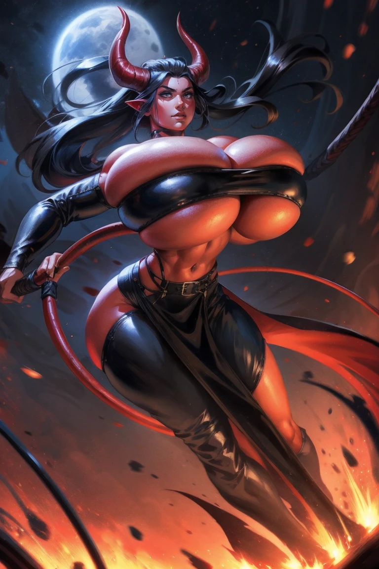 Busty Red skin succubus tiefling, large breasts, black horns, wings, huge tail, black leather, crop top, long flowing pelvic curtain, tall, athletic, graceful, thin, long black ponytail. Action scene, whip. Dark scene, explosions, night sky.