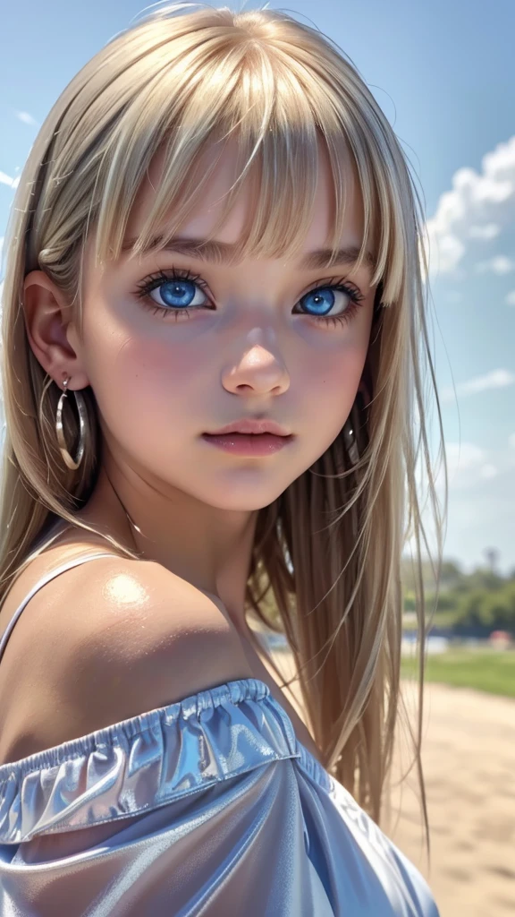 ((sfw: 1.4)), (( detailed face, cute face, detailed face, professional photography)), ((from side)), (( off-the-shoulder top)), (( Shiny platinum blonde silk hair, beautiful shiny bangs, big clear sky blue eyes, very beautiful bright eye highlights, earrings, 1 Girl)), Ultra High Resolution, (Realistic: 1.4), RAW Photo, Best Quality, (Photorealistic Stick), Focus, Soft Light, ((15 years old)), (( (young face))), (surface), (depth of field), masterpiece, (realistic), woman, bangs, ((1 girl))