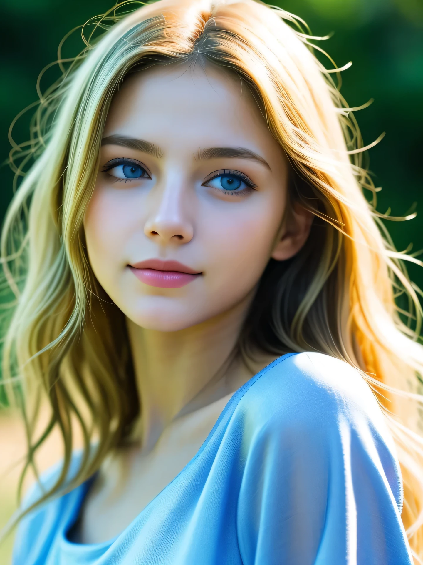 (Photo Real:1.4), (hyper realisitic:1.4), (Smooth lighting:1.05), 1 girl, ager, blue eyes, happy, shy, smile, (looking away:1.2), Close-up of the face, Soft lighting, Back lighting, (Finest Real Textured Skins), Super fine face, glowy skin, retinas, Anatomically correct, (Blonde Wavy medium hair:1.1), Textured skin, High quality, high details, Best Quality, High resolution, Silk blouse