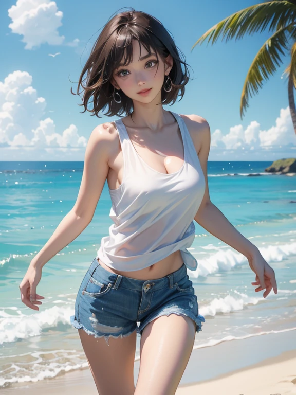 (Highest quality、masterpiece、High resolution、8K)、Vibrant colors、Young and beautiful woman 1、whole body、Brown and black short bob、barefoot、(Detailed face、Beautiful Eyes、Beautiful nose、Pretty lips)、Beautiful cleavage、A woman wearing a white T-shirt and shorts、Running on the beach、Surprised Smile、looking at the camera、Official Art、The background is the sea、blue sky、White waves and wide sandy beach、Wide forest、White Entrance Cloud、