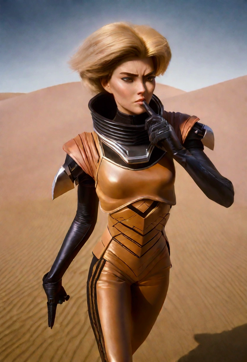 a beautiful woman with blonde hair wearing a sci-fi dune stillsuit, standing on top of a sand dune holding a dagger, 100s of tribal rebels watching her, cinematic lighting, hyper realistic, dramatic, intricate details, volumetric fog, warm color palette, epic scale, dramatic posing, chiaroscuro lighting, highly detailed, masterpiece, best quality, 8k