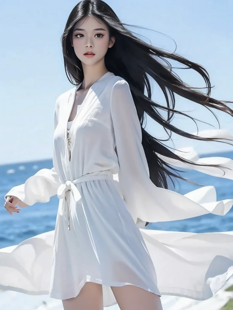 rice, Very detailed, Very realistic, Very sharp, Hyperrealism, Ultra-realistic, Highest quality, 1 girl, (Only one person:1.3),  (Hair that grows to the knees:1.1, Ridiculously long hair:1.4, hime cut, straight hair, black hair), (Detailed Hair, Detailed skin), (Slim figure, Flat Chest), (long sleeves, frilled clothing, white long dress), Shot from the front from the knee up), (hair is blown from left to right by the strong wind.:1.5), Standing posture, (looking at the camera), (Shot in a white room:1.3), Soft lighting